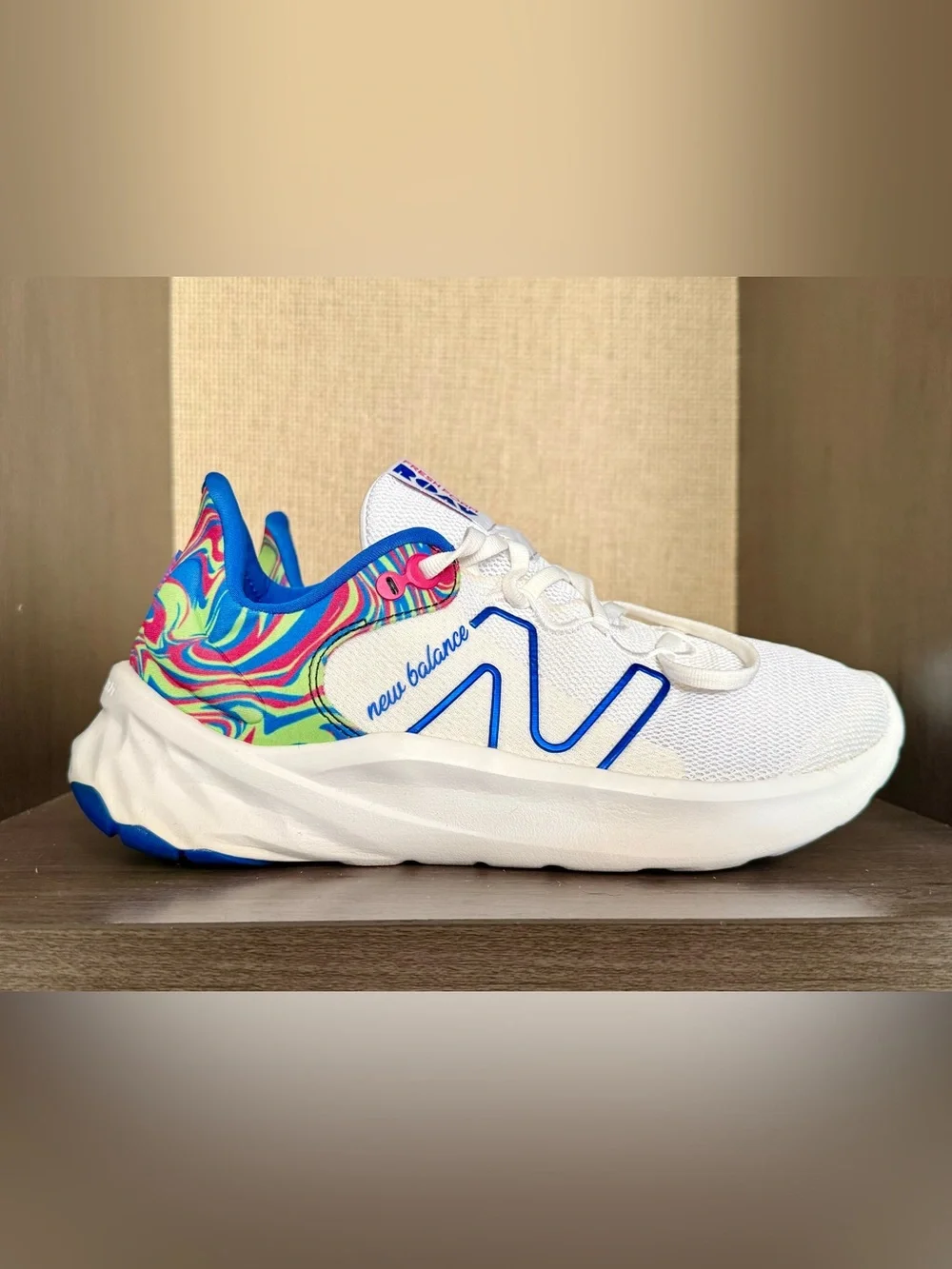 $136.00- New Balance White Sneakers with Blue & Multicolor Swirl Accents Size 10